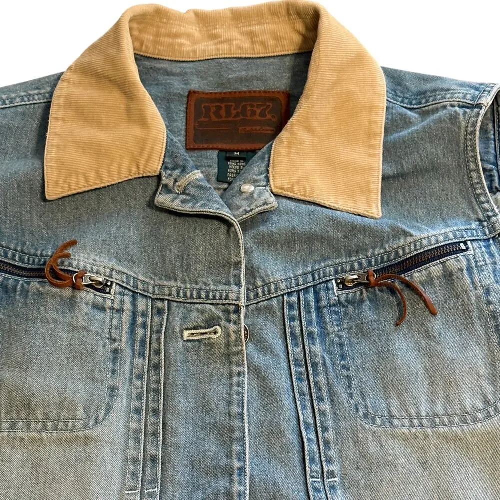 RL67 Ralph Lauren Denim Vest Corduroy Collar Cowgirl Western Cowgirlcore M